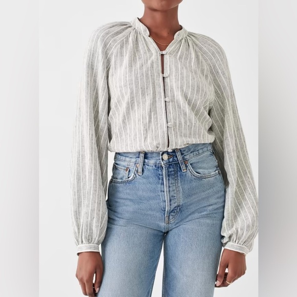 Faherty Naomi Linen Blend Balloon Sleeve Gray Button Down Blouse Womens Small - Picture 2 of 13